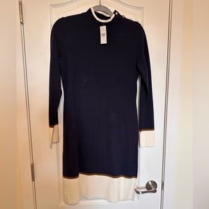 Ann Taylor sweater dress in navy blue, white and gold. NWT